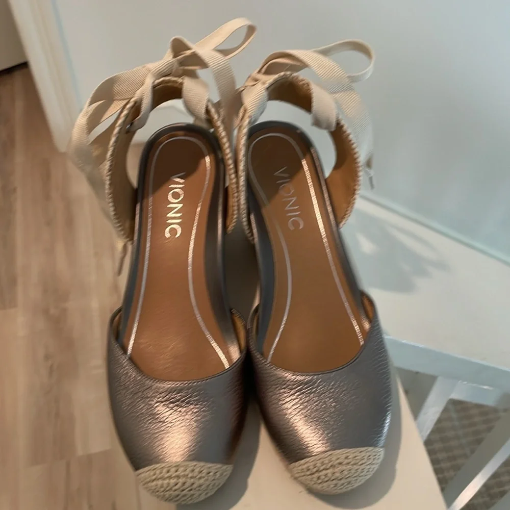 Women's Metallic Taupe Espadrille Wedge with Ankle Tie